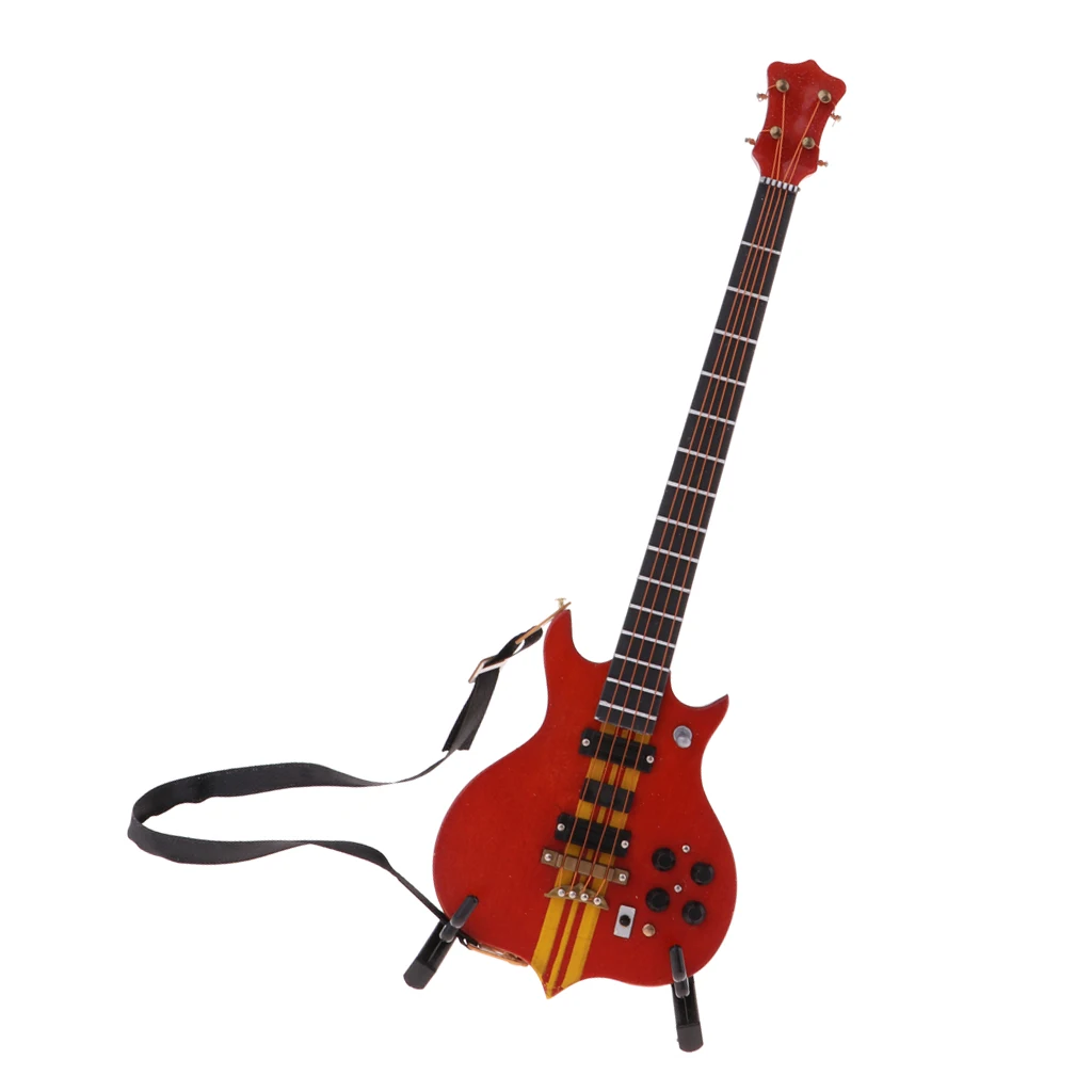 

Handmade Mini Wooden Bass Guitar Model with Stand for 1/6 Action Figures Xmas Gifts Toys Accessories - Red