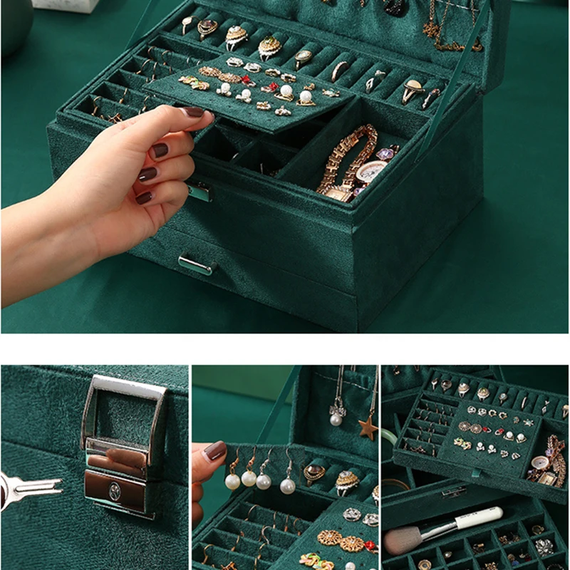 

New 3layers Green Flannel Stud Jewelry Organizer Large Ring Necklace Makeup Holder Cases Velvet Jewelry Box with Lock Women