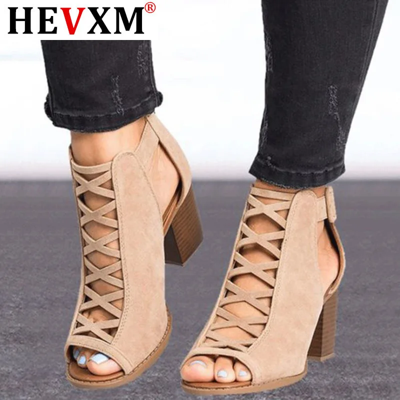 

2020 Women Square Heel Sandals Peep Toe Hollow Out Chunky Gladiator Sandals With Strap Black Spring Summer Shoes