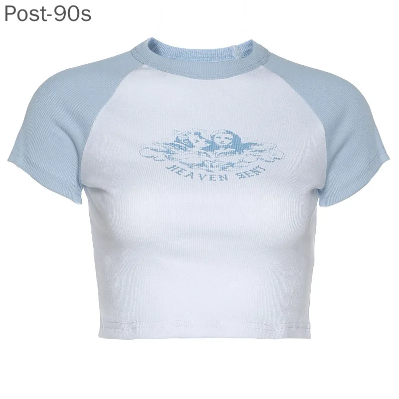 

Casual Angel Print Short Sleeve Patchwork Crop Top 2021 Summer Women Sexy Skinny T shirt Female Streetwear Tee Tops 2021