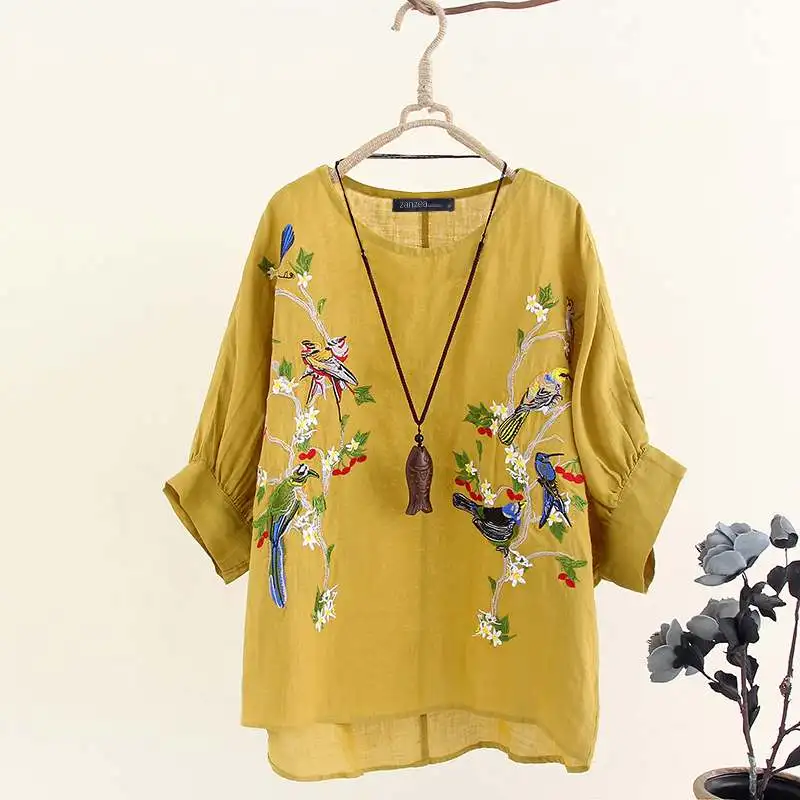 Blusas Top ZANZEA Женская Туника топы Осенние винтажные 3/4 рукав блузка для вечеринок повседневные вышитые Хлопковые женские рубашки свободного кроя