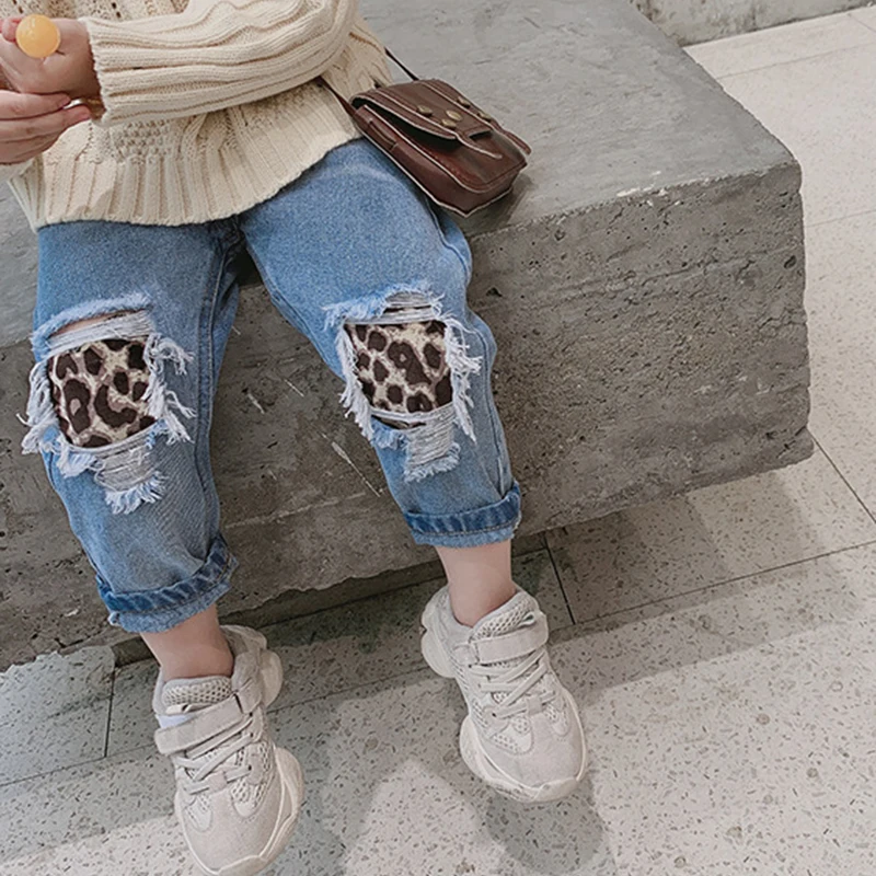 VearDoller Girls Denim Pants Fashion Leopard Patchwork Kids Ripped Jeans for Girl 2-8Years Children's Clothing Baby | Детская одежда
