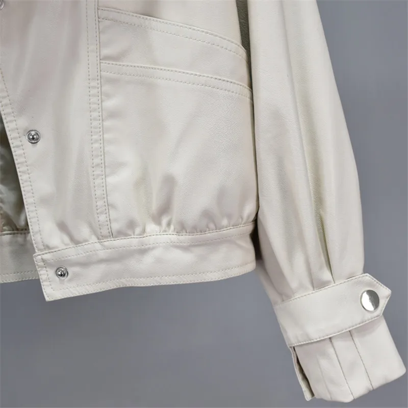 

Korean Women's Short Faux PU Leather Jacket Turndown Collar Long sleeve Spring Autumn 2021 Big pocket Casual Biker Jacket Female