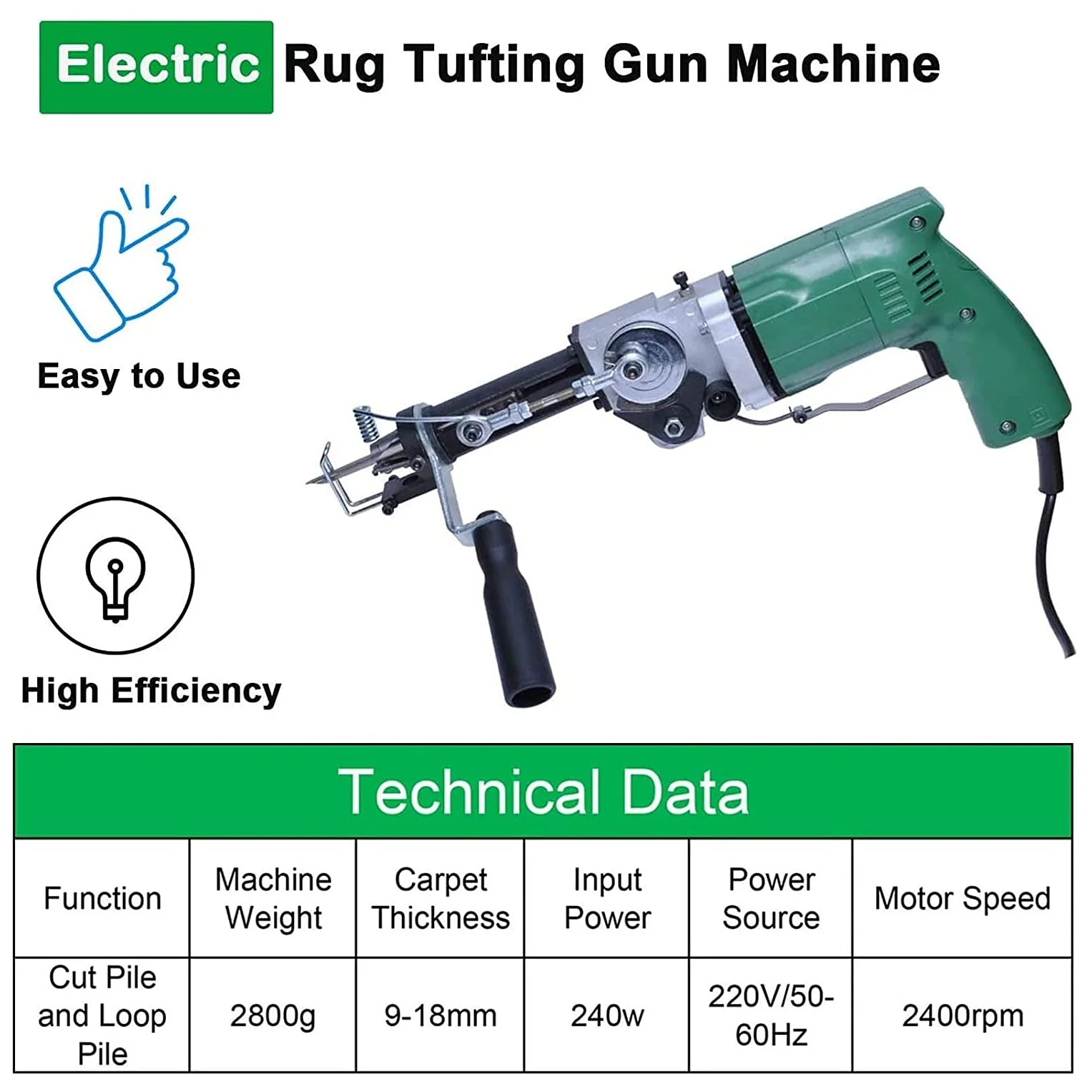 Pile de corte y bucle 2 en 1, 220V, 50 ~ 60Hz, 240W, pistola el&eacute;ctrica de mano, 2400RPM, port&aacute;til, para pared, tapices, alfombras, m&aacute;quina para tejer alfombras-4