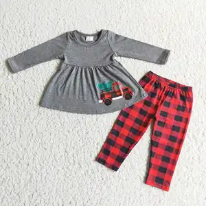 Autumn Winter Dark Gray Long-sleeved Blouse And Rred Plaid Trousers With Hot-stamped Car Motif Girls' Clothing Sets