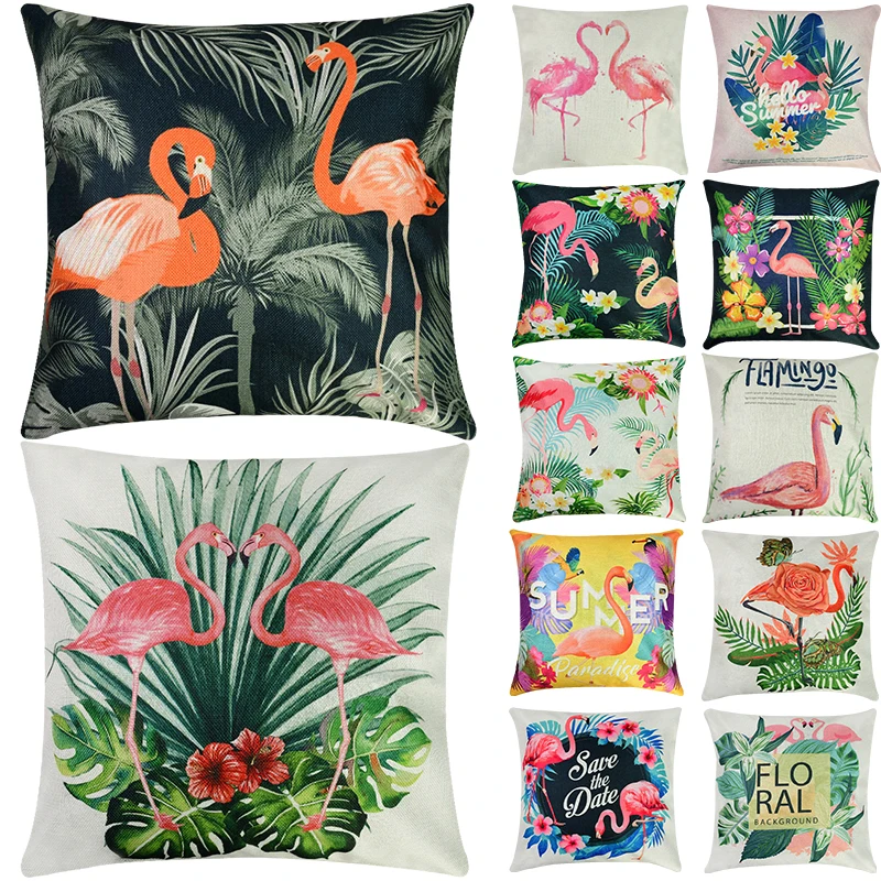 

Flamingo Tropical Palm Leaves Pattern Cushion Cover Linen Pillowcase Sofa Pillowcover Home Decorative Summer Hawaii Party Decor