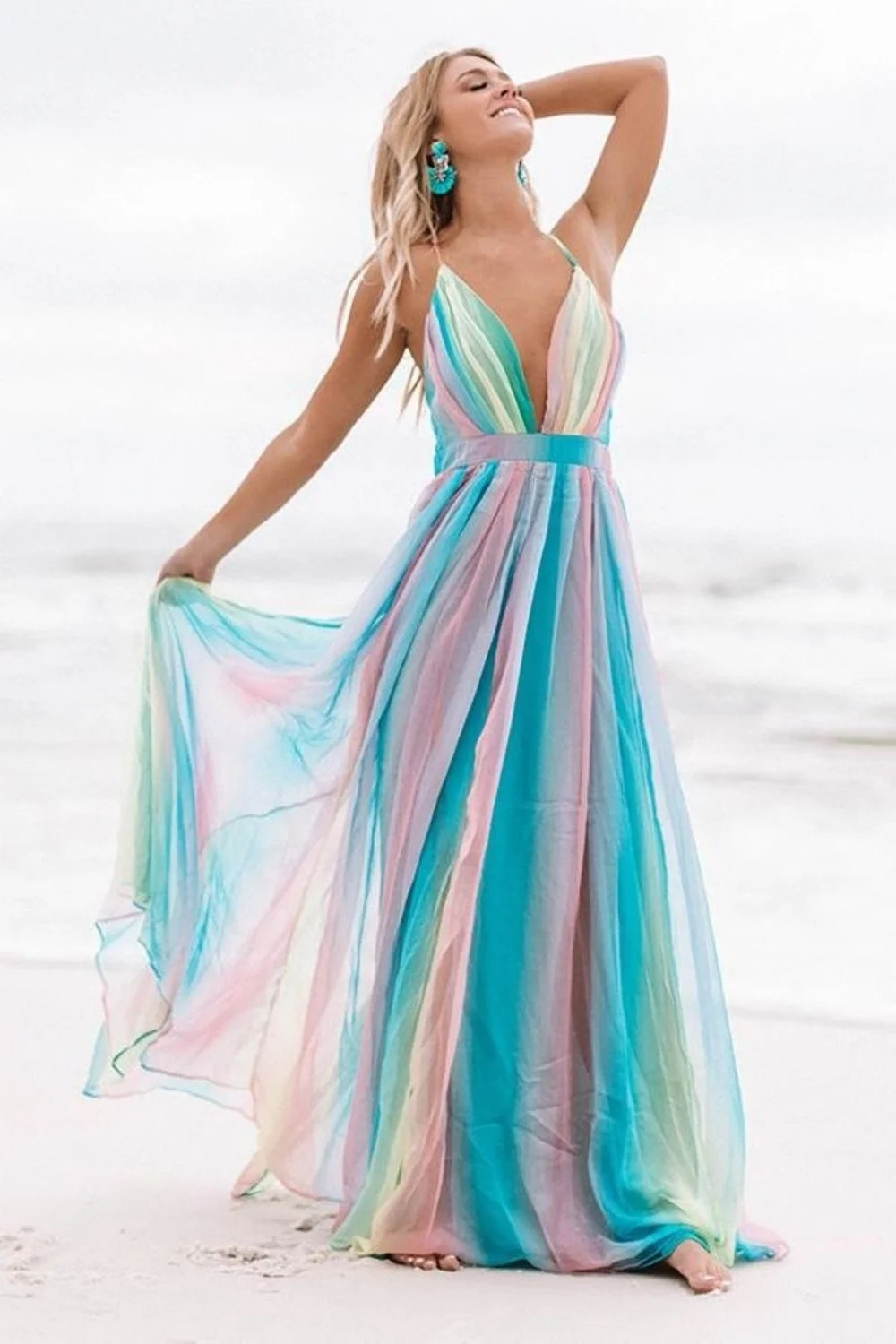 

Spring/summer 2021 New maxi dress for women beach dress Women New Sling Sexy Deep V Rainbow Mesh Sling Dress