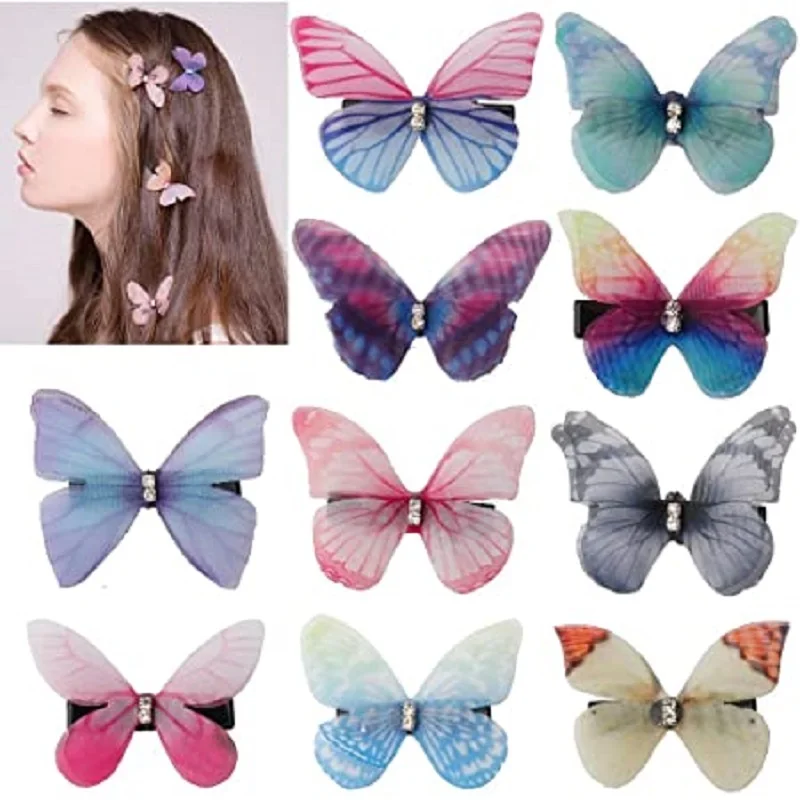 3 шт. двухслойные шифон ткани бабочка заколки для волос 3D Тюль украшение сада