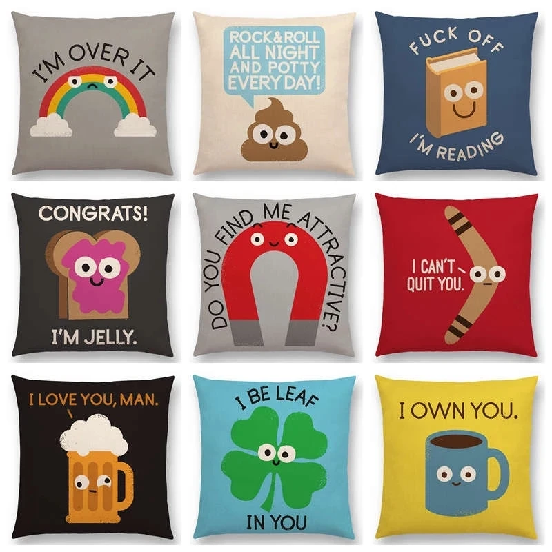 

Double Funny Phrase Cartoon Cushion Cover Happy Days Beer Bread Boomerang Rainbow Food Tool Book Sofa Throw Pillow Case 45x45cm