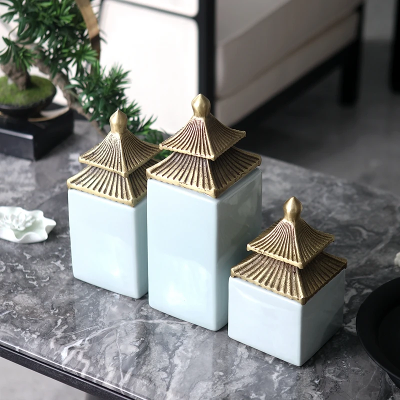 

Chinese Building Sculpture Tabletop Ceramic Ornament Modern Gold Jar Ornaments Crafts Home Living Room Decor Porcelain Figurines