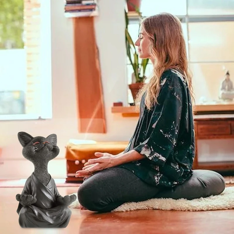

Whimsical Smiling Black Cat Figurine Meditation Yoga Happy Kitten Collection Art Sculptures Garden Statues Decoration