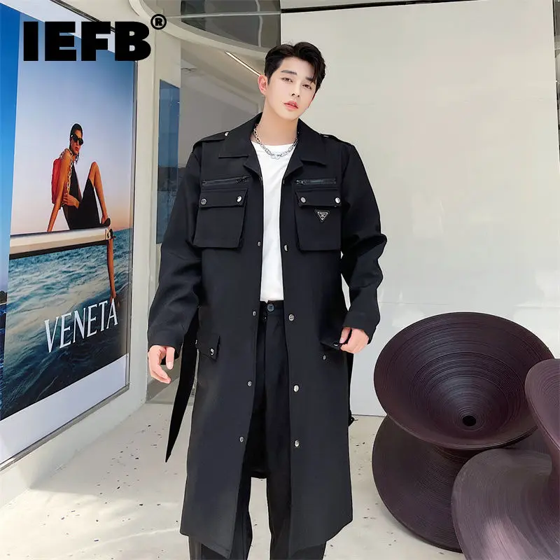 

IEFB Menswear Workwear Spliced Pockets Trench Coat With Belt Men's New Loose Lapel Single Breasted Windbreaker Tide Autumn 2021