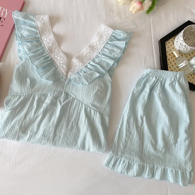 With Chest Pad Cotton Women's Pajamas Sets Summer Lace Nightwear Solid Color Sling Sweet Princess Home Suit Female Sleepwear