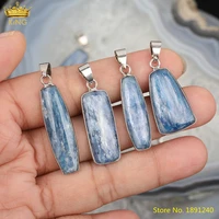 5pcs natural blue kyanite oval rectangle beads pendant necklaceplated silvery caps slab kyanite charms for diy jewelry making
