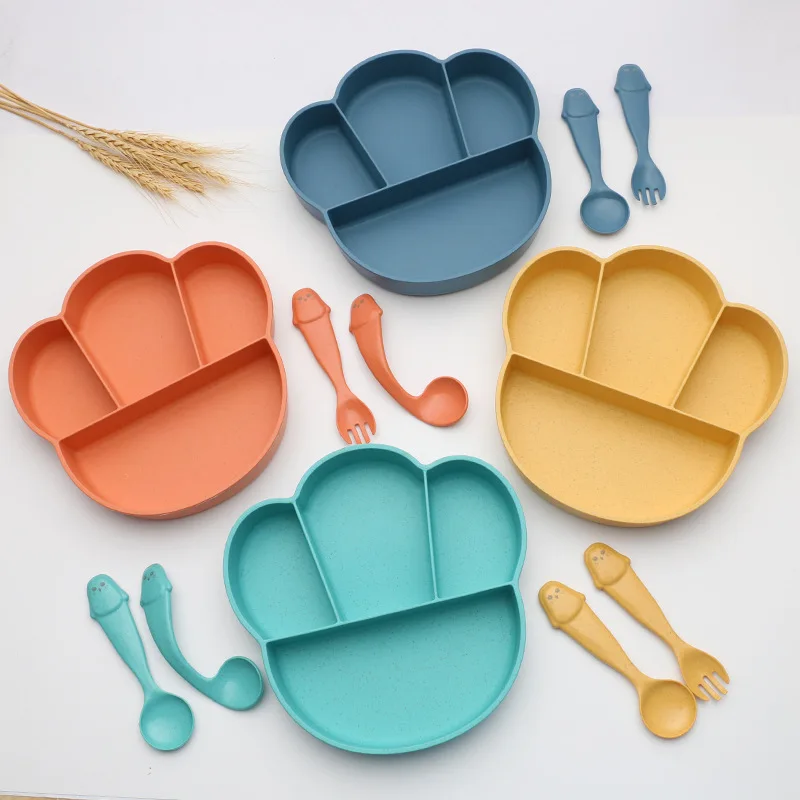 

Baby Cute Bowl+Spoon+Fork Feeding Food Tableware Cartoon Kids Dishes Eating Gadgets Dinnerware Set Anti-hot Training Plate