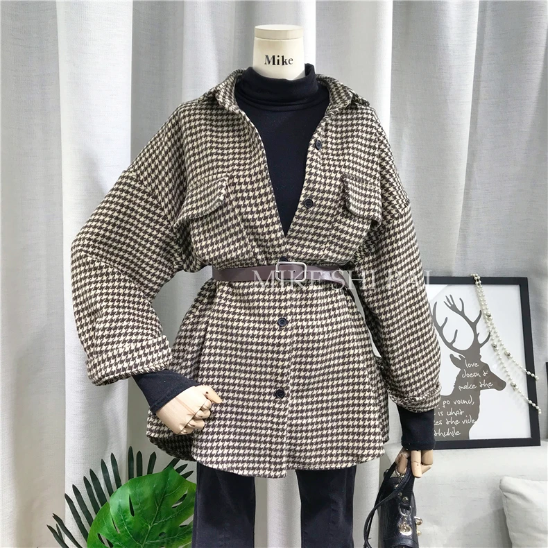 Autumn New Korean Loose Houndstooth Belt Waist Shirt Women Lapel Long Sleeve Thicken Retro Blouse Students Cardigan Tops | Женская