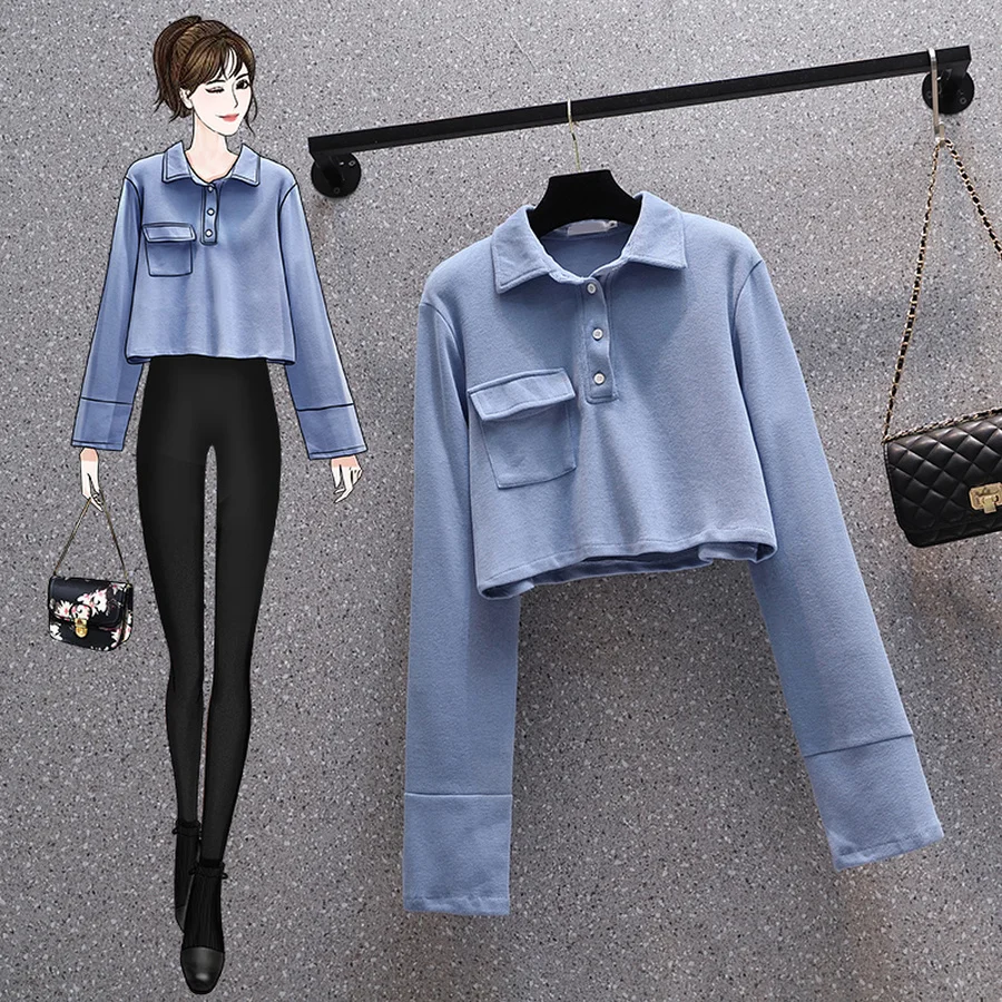 

POLO Collar Crop Top Hoodies Sweatshirts Vintage Women Girl Clothes Autumn 2021