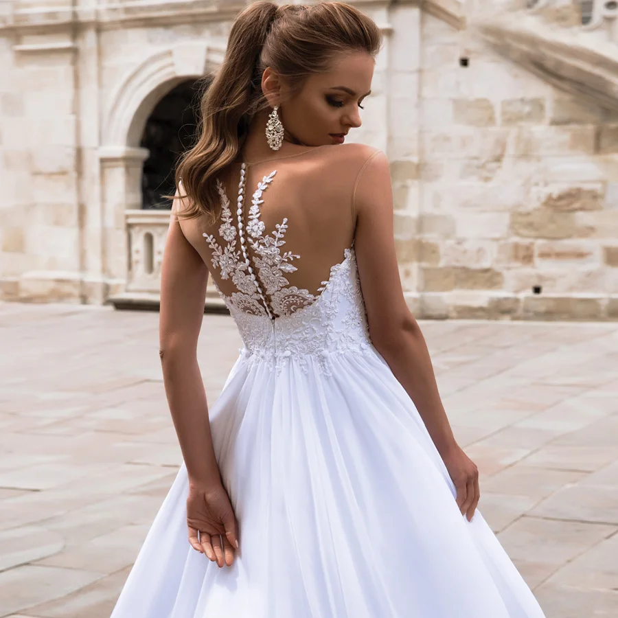 New Arrival Chiffon Beach Wedding Dresses Sheer Neck Scoop Sleeveless Pearls Applique Flowy Dress Vestido De Noiva 2020 | Свадьбы и