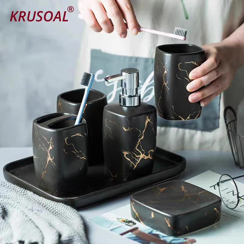 

Marble Ceramics Bathroom Set 5pcs Soap Dispenser/Tooth brush Holder/Tumbler/Soap Dish Tray Bathroom decoration Accessories
