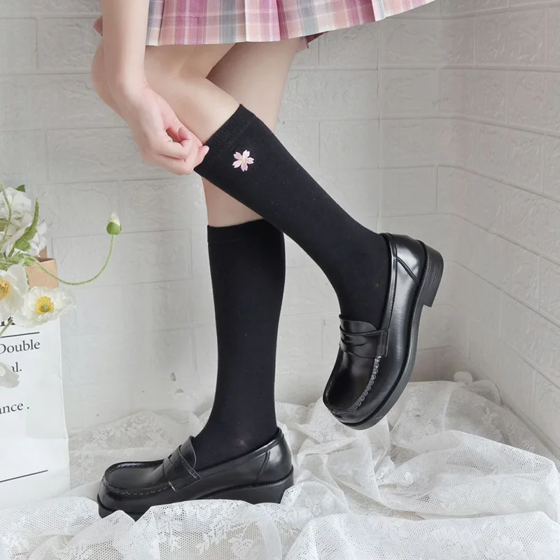 

Women Socks Exquisite Embroidered Cherry Flower Solid Japanese Style Basic Simple JK Uniform Cotton Thin Quelity Breathable