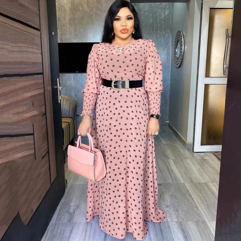 

MD African Print Polka Dot Maxi Dresses Women Long Sleeve Chiffon Dress Underdress 2 Pieces Set New Muslim Fashion Evening Gowns