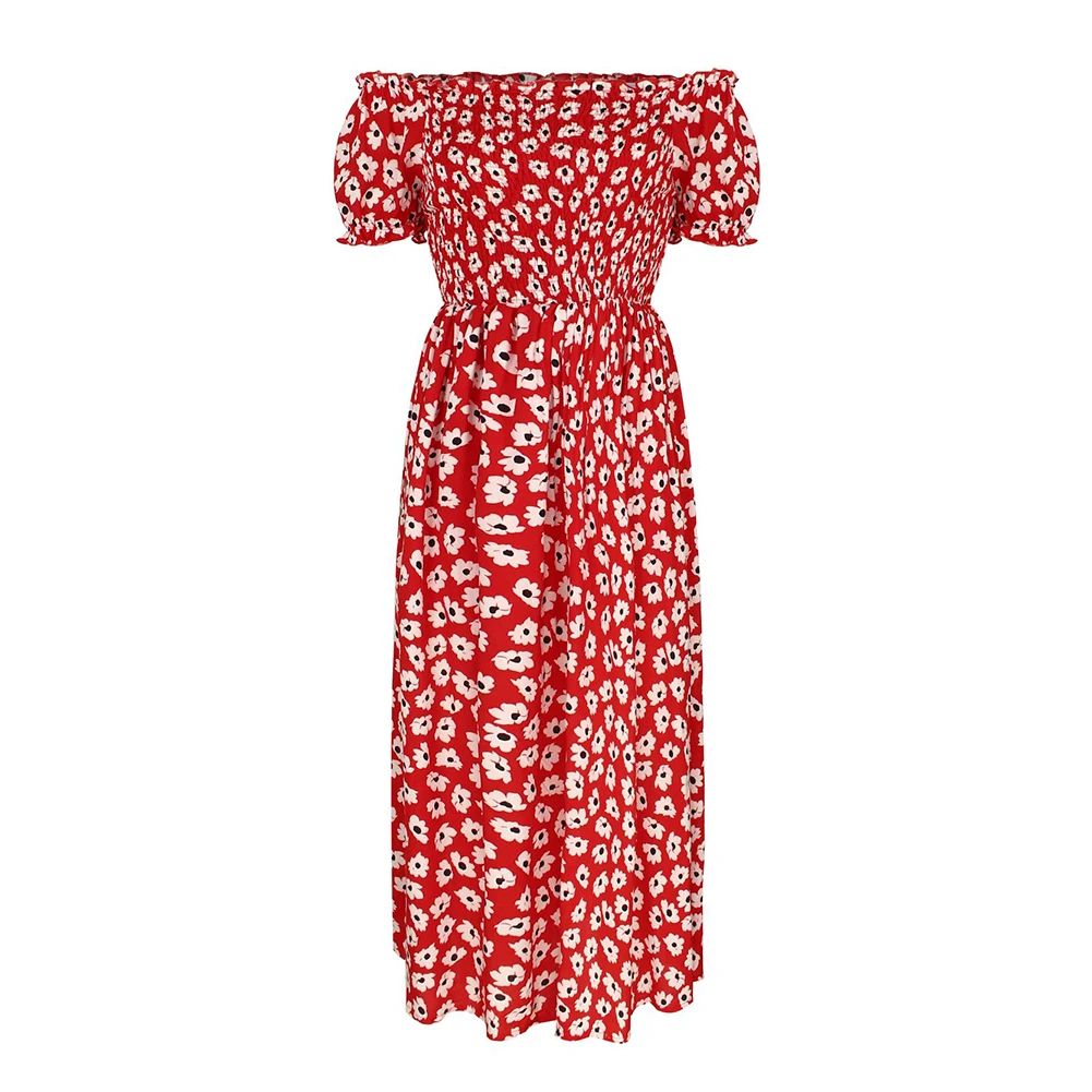 

Women's Off Shoulder Dress Short Sleeve Floral High Waist Flowy Dress for Party Beach Summer H9