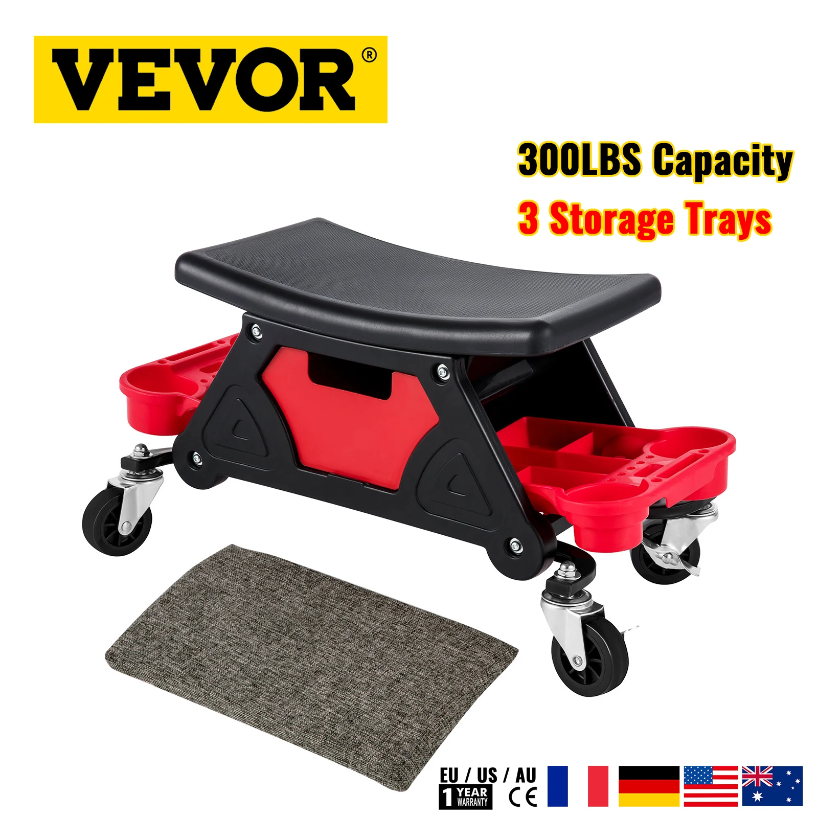 

VEVOR Garage Mechanic Brake Stool 3 Storage Trays With Seat Cushion Mobile Toolbox Suitable for Car Repair Wheel 300LBS Capacity