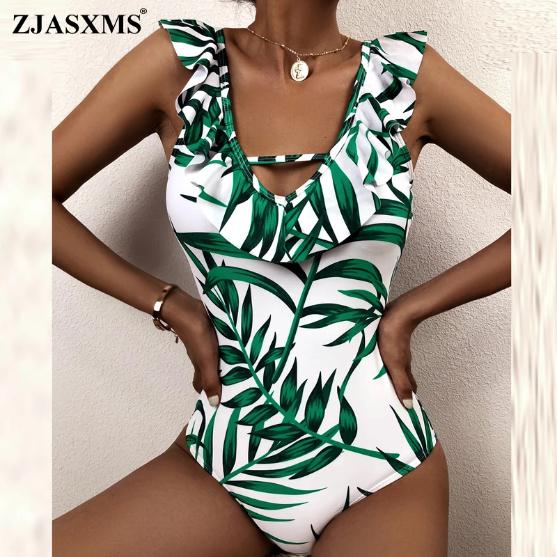 

Летний слитный купальник с тропическими листьями, женский сексуальный пляжный костюм с глубоким V-образным вырезом и оборками, женский купа...