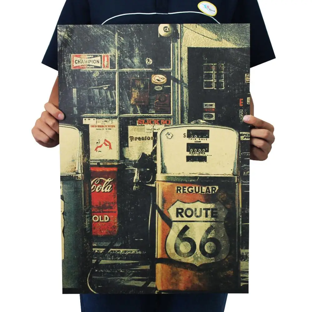 

United States Route 66 Gas Station Wall Sticker Bar Cafe Retro Nostalgia Kraft Paper Poster 51.5x36cm Home Decoration