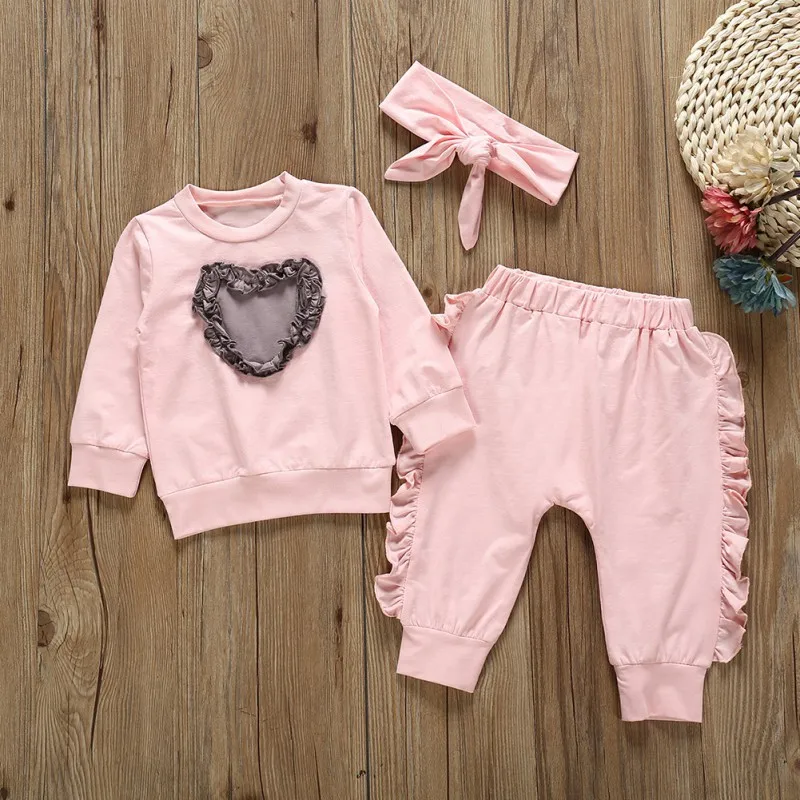 Autumn Sweet Children sets Baby Girl Long Sleeve Top And Solid Color Trousers Cute Headband Kit Kid Three-piece Outfit Set | Детская