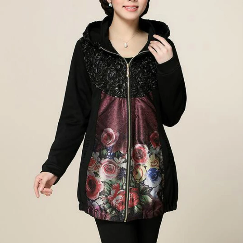 Куртка с капюшоном и цветочным принтом весна осень 2019 Женское пальто блестками