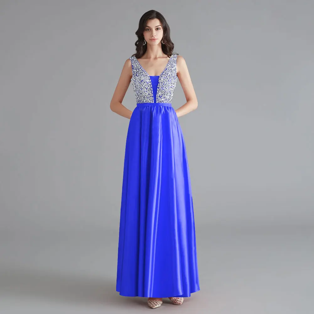 Royal Blue Beauty Emily,, v-образный вырез, стразы, без рукавов, платья подружек невесты, длинное, на заказ, свадебное платье, Vestido dama de honor - Цвет: Royal Blue