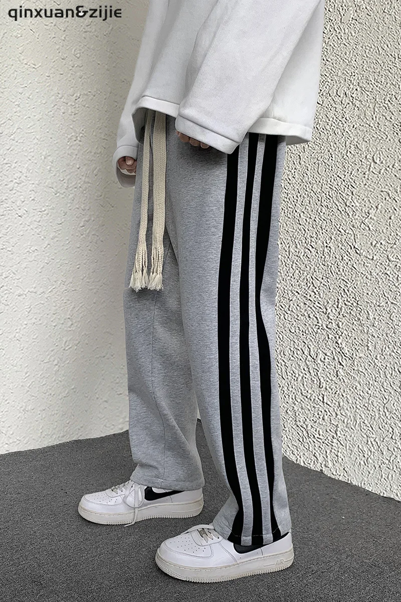 

2021 Men Casual Tie Leg Straight Stripe Pants Woman Corduroy Oversize Trousers Autumn Man Warm Korean Streetwear Pants Fashion