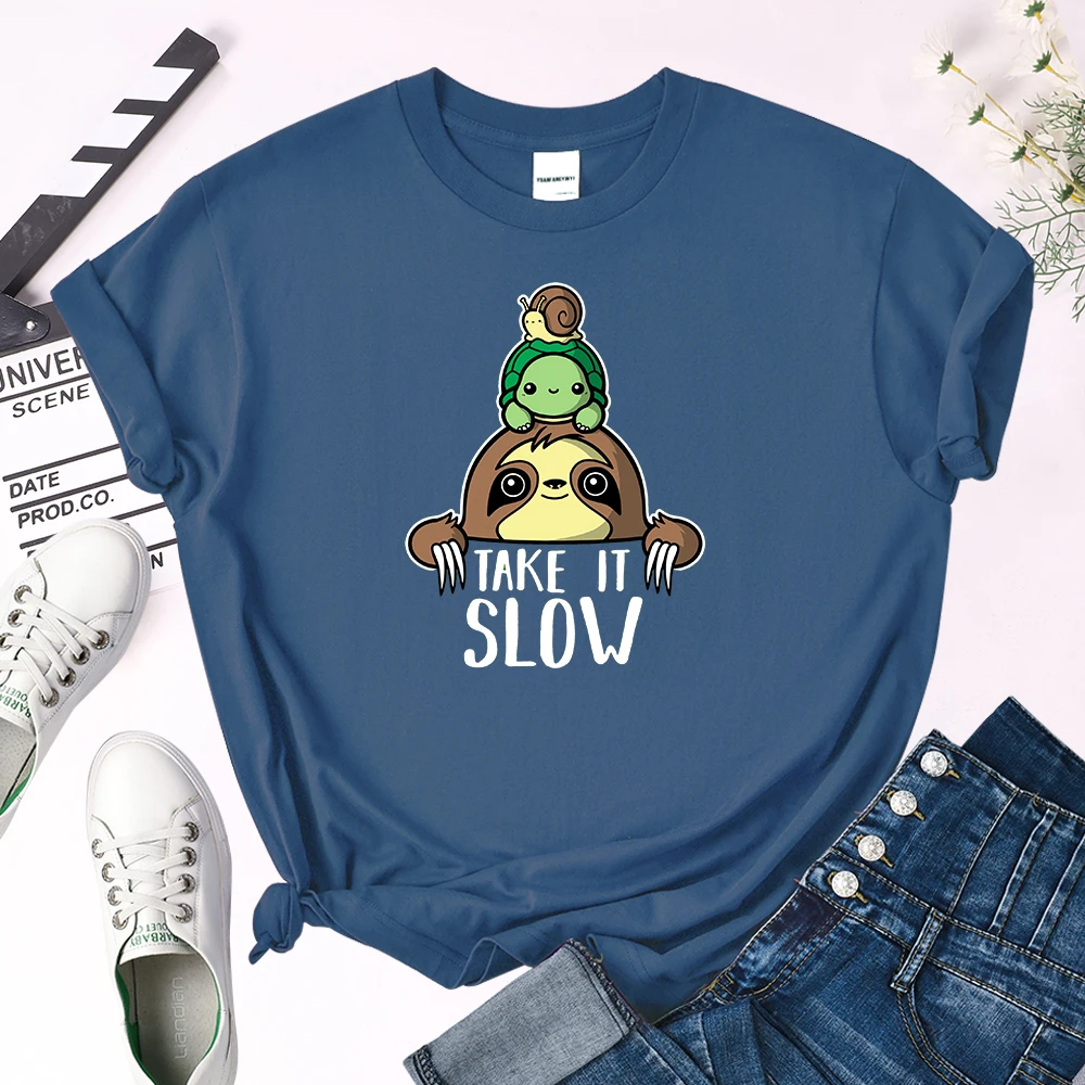 

Snails Tortoise Folivora Take It Solw Animal Cartoon Printed T-Shirt Women Big Size Cozy Skin-Friendly Tops Female O-Neck Tees