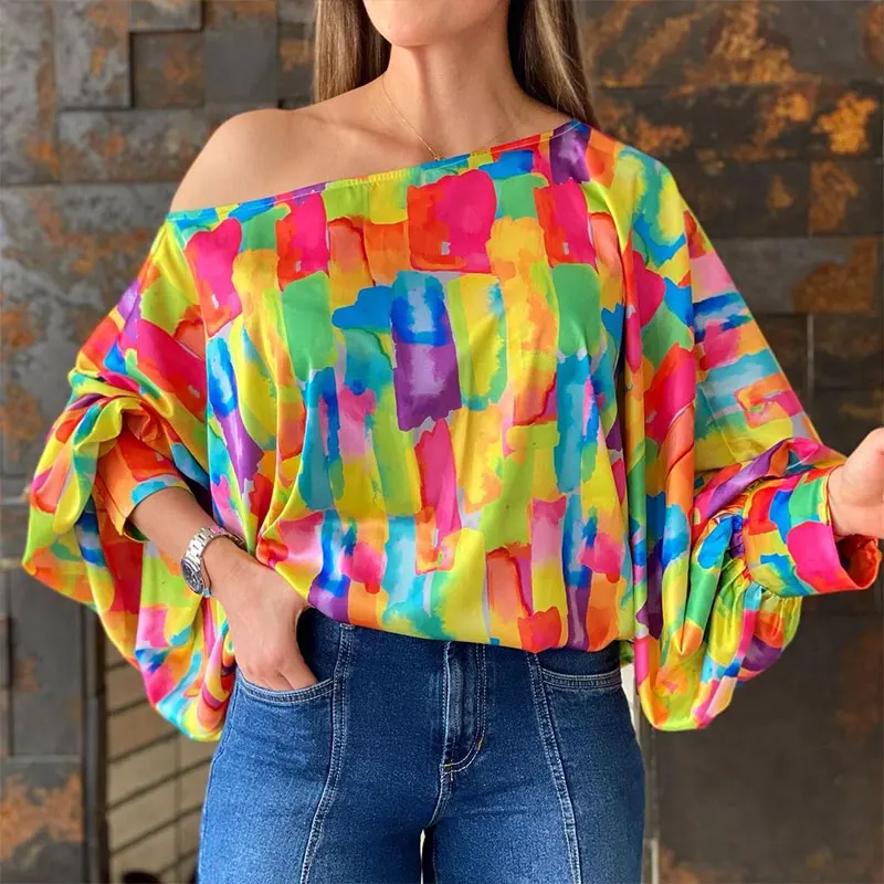 

Summer Women Casual Loose Daily Wear Fashion Colorful Tee Shirts Long Sleeve One Shoulder Lantern Sleeve Colorblock Top
