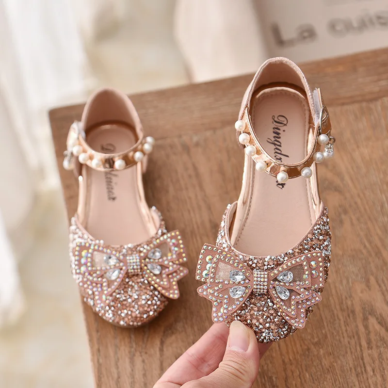 2021 Fashion Children Sandals Bow Rhinestone Girls Princess Leather Shoes Kids Summer Elegant Party Dance Sandals