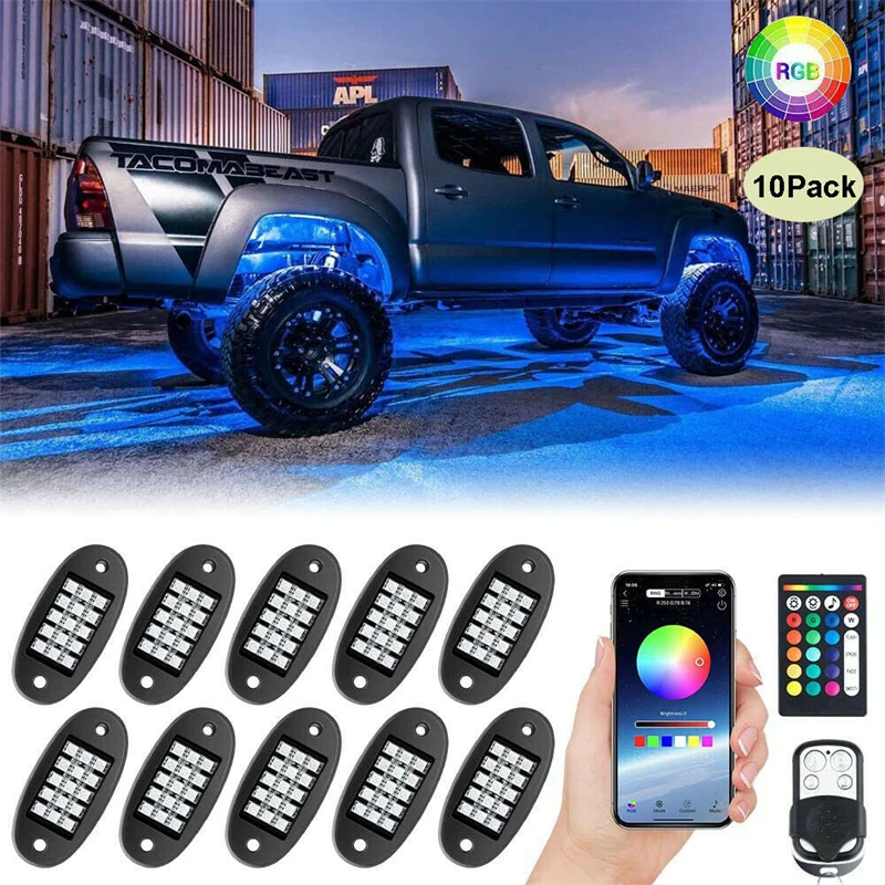 10Pcs RGB LED Rock Light Underglow Neon Kit for Jeep off-Road Truck Bluetooth APP Remote Control Car Decoration Lights | Автомобили и