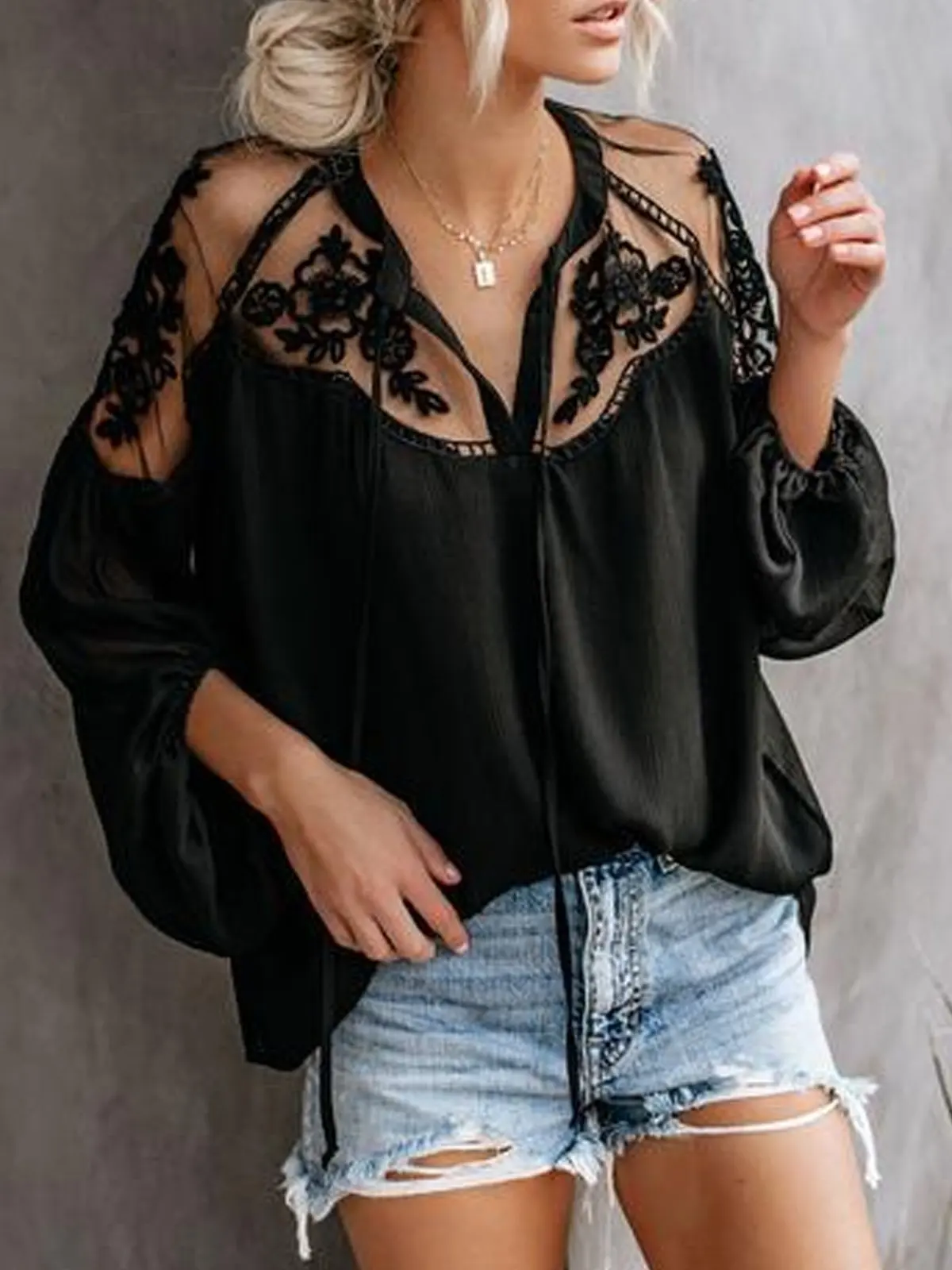 

New Women Casual Basic Summer Autumn Lace Blouse Top Shirt Sexy Perspective Plus Size S~2XL