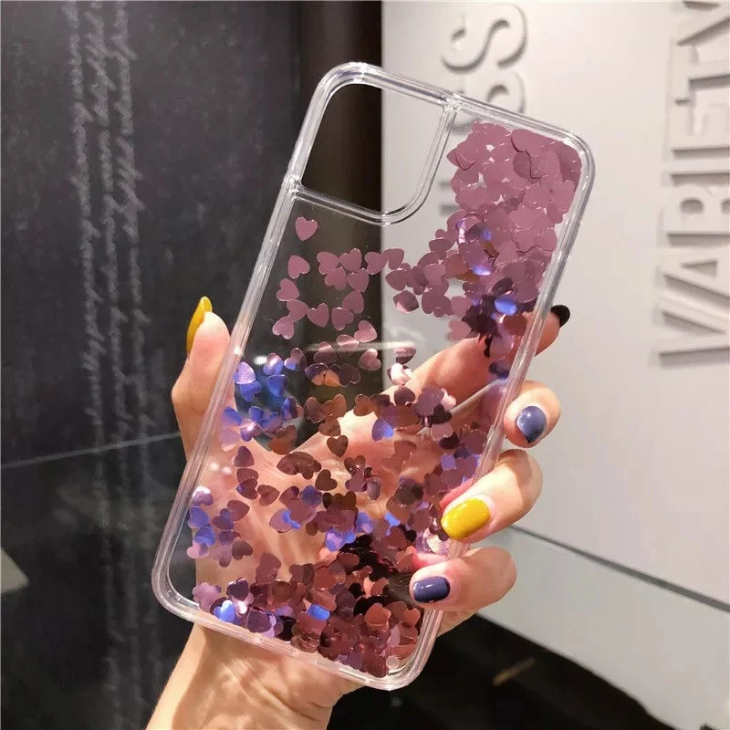 Glitter Love Heart Sequins Phone Case For iPhone 12 11 13 14 Pro Max XR XS Max X 8 7 Plus Shining Case Back Cover For 12 13