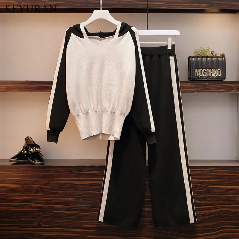 Осенне-зимний комплект из 2 предметов Женский вязаный костюм Свободный Полосатый