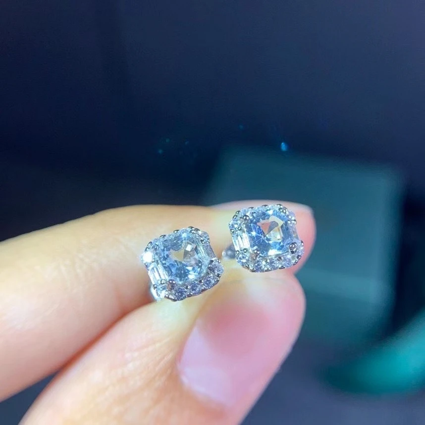 

Classic small 4*4mm square natural Aquamarine stud earrings S925 silver natural light blue topza earrings girl's party jewelry