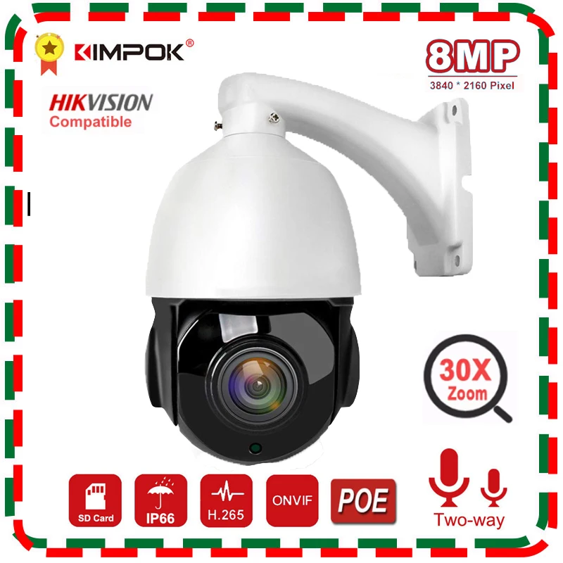 

8MP 4K IP Camera Outdoor PTZ 30X Zoom H.265 Hikvision Compatible Security POE Two Way Audio Video Surveillance SD Card Slot