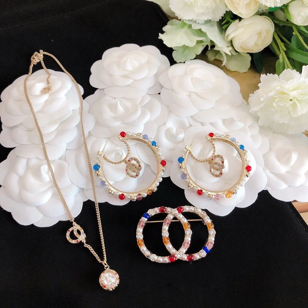 

Original Brand Jewelry Vintage C&C Stamp Pearl Colorful Crystal Dangle Stud Earrings Brooches Necklaces Set for Women Party Gift