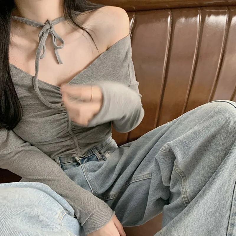 

Spring Korean Style Fashion Sexy Slim One-line Neck Lace Halter Long Sleeve Top T-Shirt