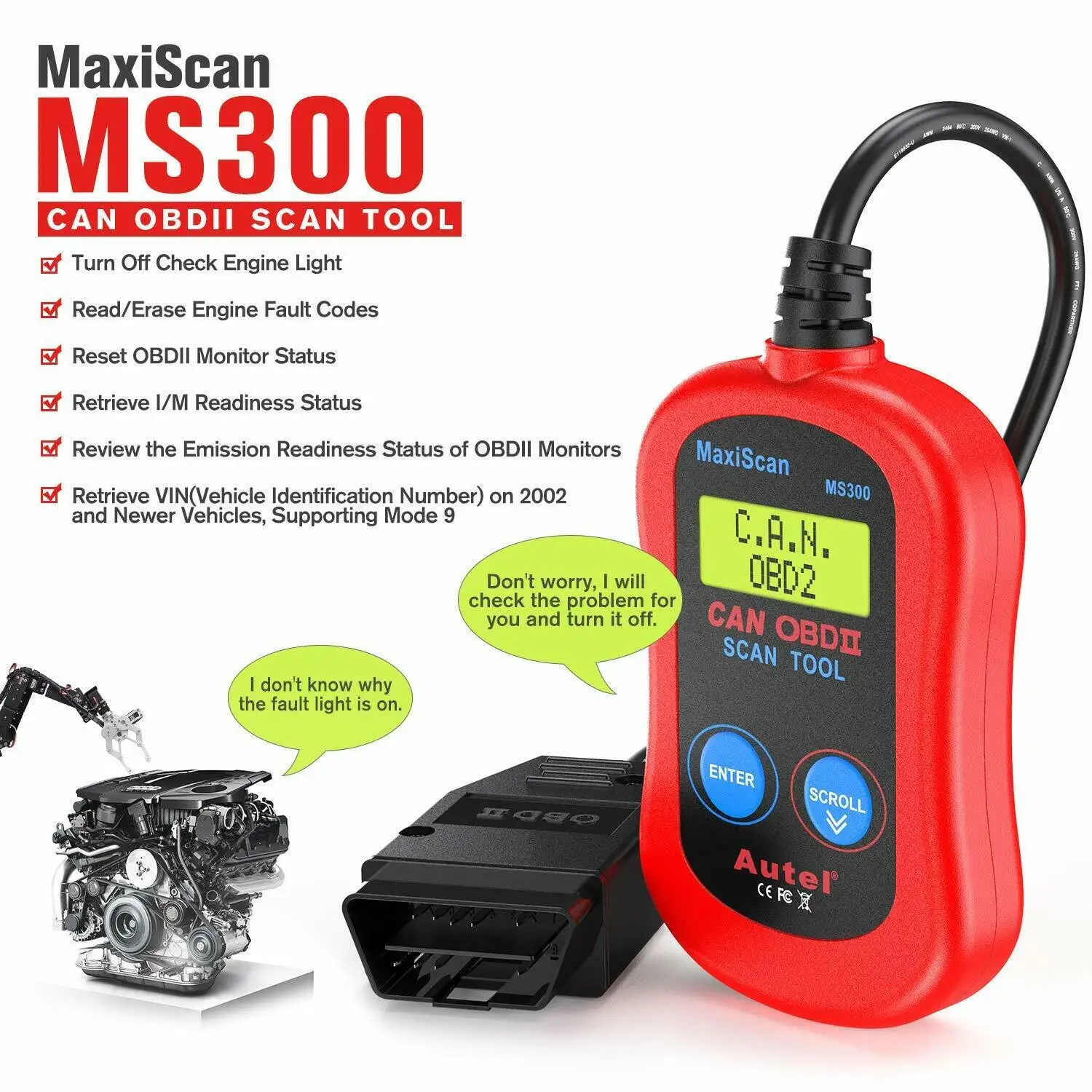 

Autel MaxiScan MS300 Universal OBD2 Scanner Code Reader Turn Off Check Engine Light, Read & Erase Codes for 16pin OBDII Vehicles