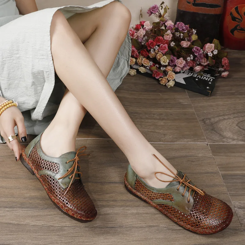 Johnature обувь на плоской подошве Женская смешанных Цвета натуральная кожа полые 2021