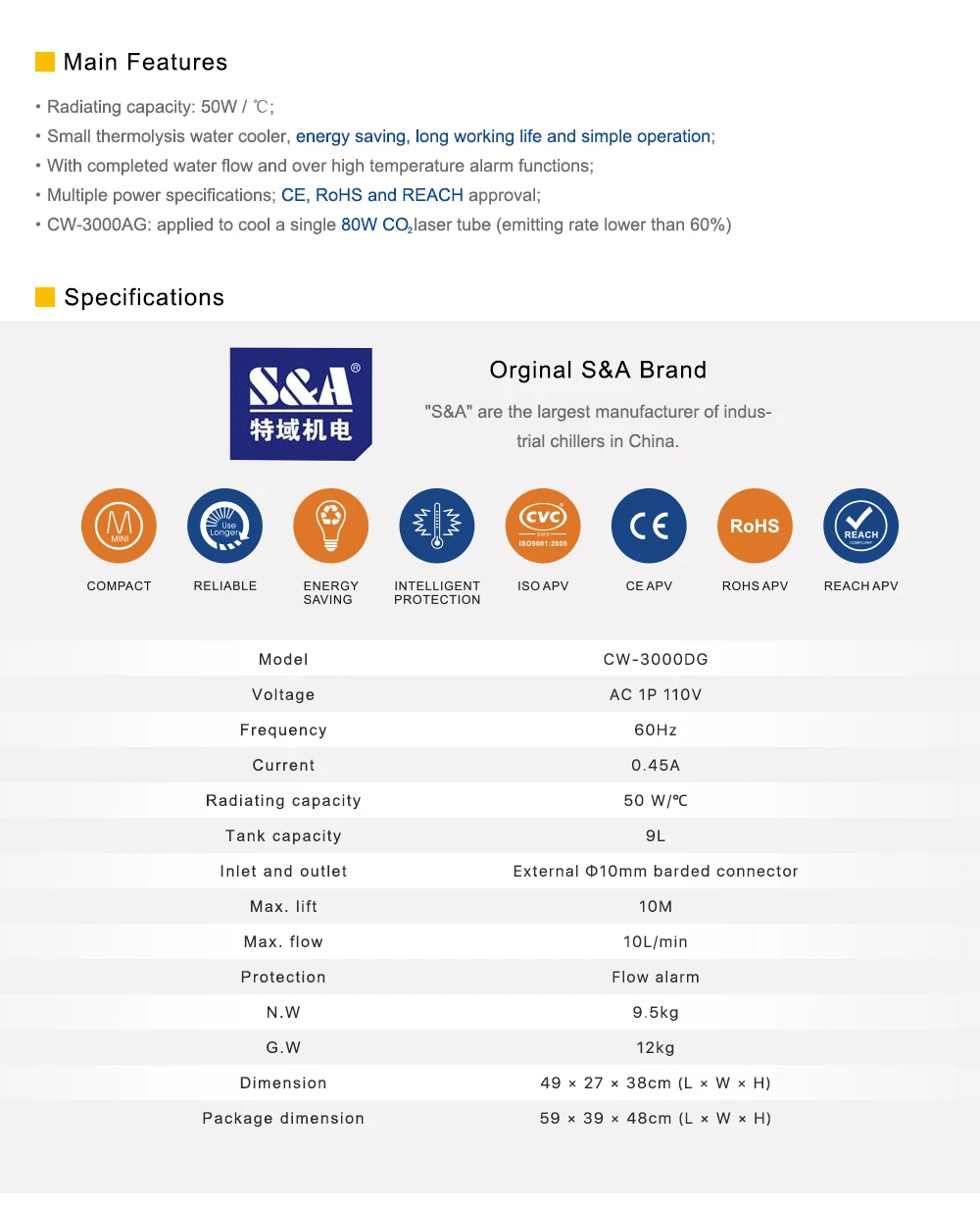 Cloudray S& A CW3000 промышленный охладитель воды для CO2 лазерной гравировки резки охлаждения 60 Вт 80 Вт лазерной трубки DG110V AG220V