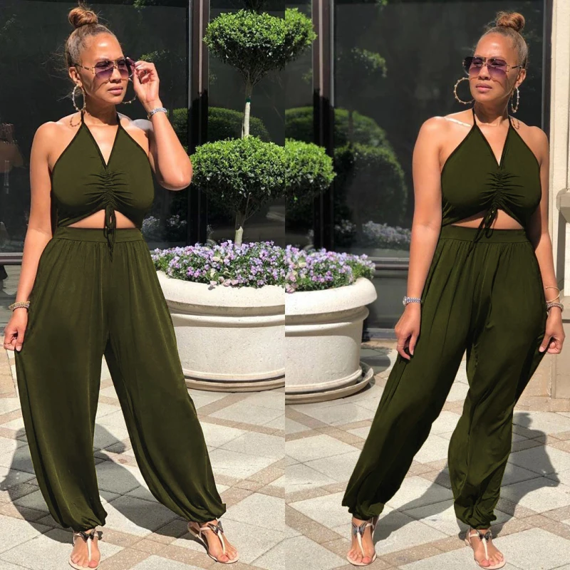 

2021 Summer Women's Casual Sexy Solid Strapless Bandage Cross-pants Jumpsuits