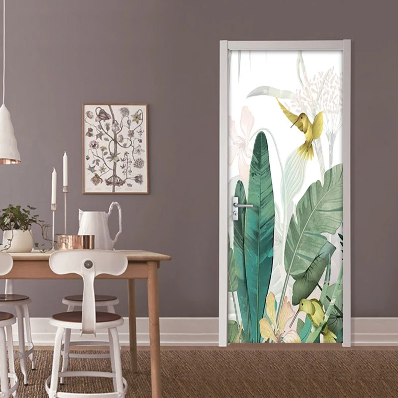 Banana Leaf Flower Bird Door Sticker Mural Waterproof Wallpapers For Living Room Bedroom Home Decoration Photo Wallpaper | Обустройство
