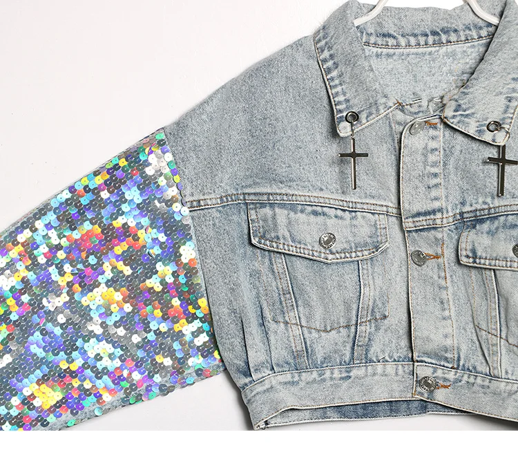 

GoneGoing 2020 New Women Street Silver Sequins Short Jeans Jackets Long Sleeve Harajuku Cross Punk Lapel Denim Coat 0602